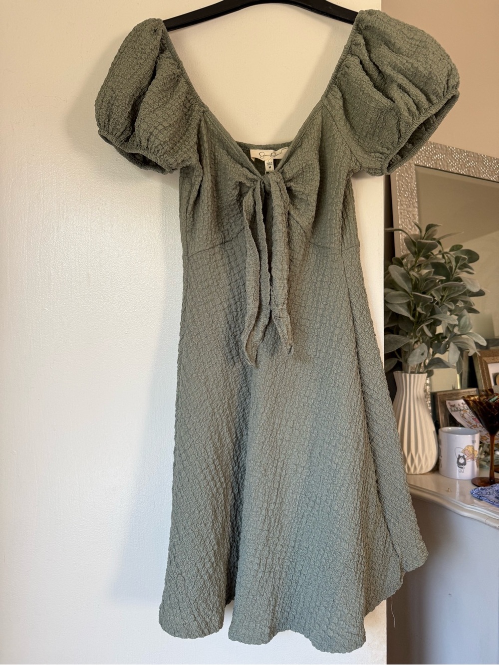 Jessica Simpson Sage Green Textured Puff-Sleeve Mini Dress with Front Tie